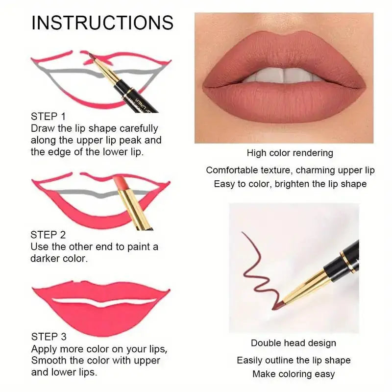 12 Colors Double-Ended Lipstick & Lip Liner Pencil，Waterproof, Non-Stick, Long Lasting,Make Natural Makeup Effect for All Skin