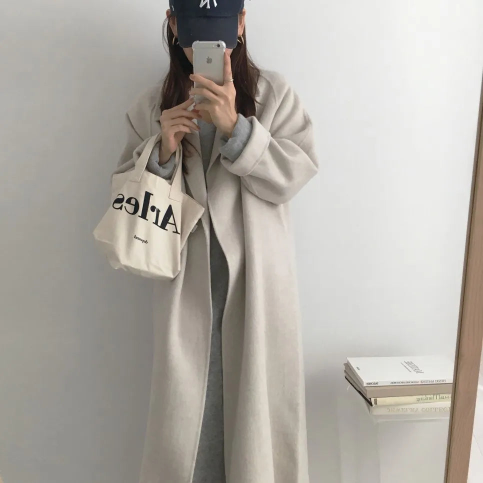 Elegant Woolen Coat Women's 2025 Autumn Winter Mid Length Adjustable Waist Thick Casual Long Sleeve Fashion Wool Coats Female