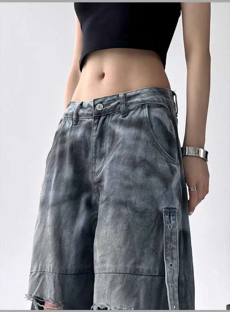 Women Jeans Pants American High Street Ripped Straight Wide-Leg Jeans For Women Design Tie-Dye Jazz Dance Cargo Full Thin Jeans