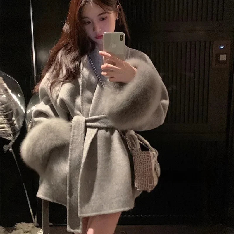 Tossy Fox Fur Wool Overcoat Women's Short Coat Office Lady Elegant Double-sided Woolen Coat 2025 New Cardigan Jackets Loose Wool