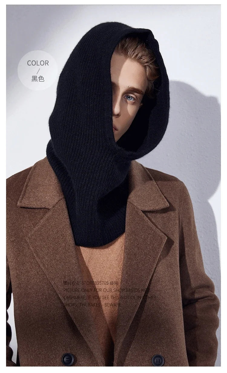 Wool Cashmere Knitted Hood Hat Scarf Elegant Hats Beanies Women Men Winter Neck Warm Balaclava Headgear Caps Unisex 4 New Colors