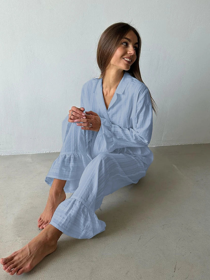 Marthaqiqiq Casual Women Nightgown 2 Piece Suit Long Sleeve Nightwear Turn-Down Collar Sleepwear Pants Loose Home Clothes Ladies