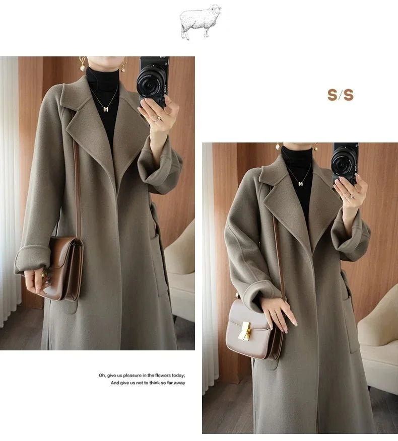 100% Wool Coat Women's Wear 2025 Autumn/Winter Fashion Temperament Double sided Cashmere Coats with Belt Elegant Long Overcoat