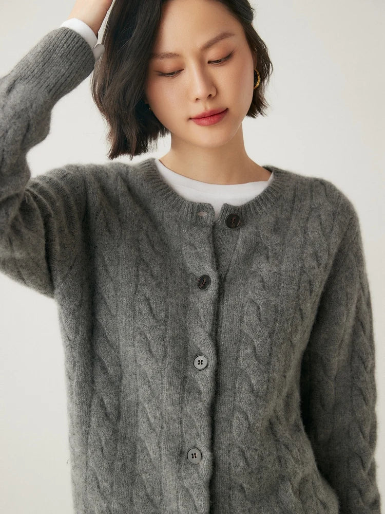 Luxury Women 100% Cashmere Sweater O-neck Cardigan Cable Knitting Thick Sweater Coat Autumn Winter Heavyweight Cashmere Clothes