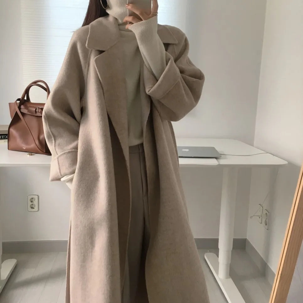 Elegant Woolen Coat Women's 2025 Autumn Winter Mid Length Adjustable Waist Thick Casual Long Sleeve Fashion Wool Coats Female