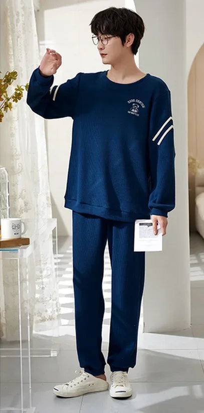 Men's Clothes Fall and Winter Pajamas Cotton Waffle Fashion Solid Color Comfortable Elastic Loungewear Homewear Youth Sleepwear
