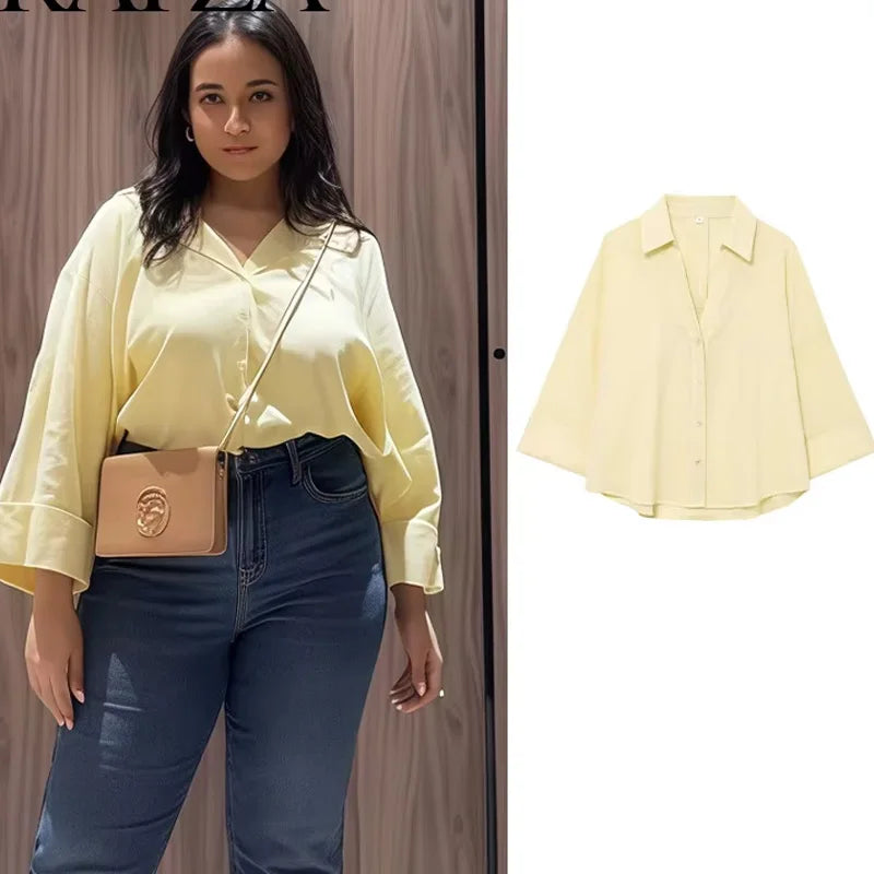 2025 Women Yellow Shirt Fashion Cotton Linen Wide-sleeved Short Shirt Single-breasted Casual Loose Blouse Mujer Roupas