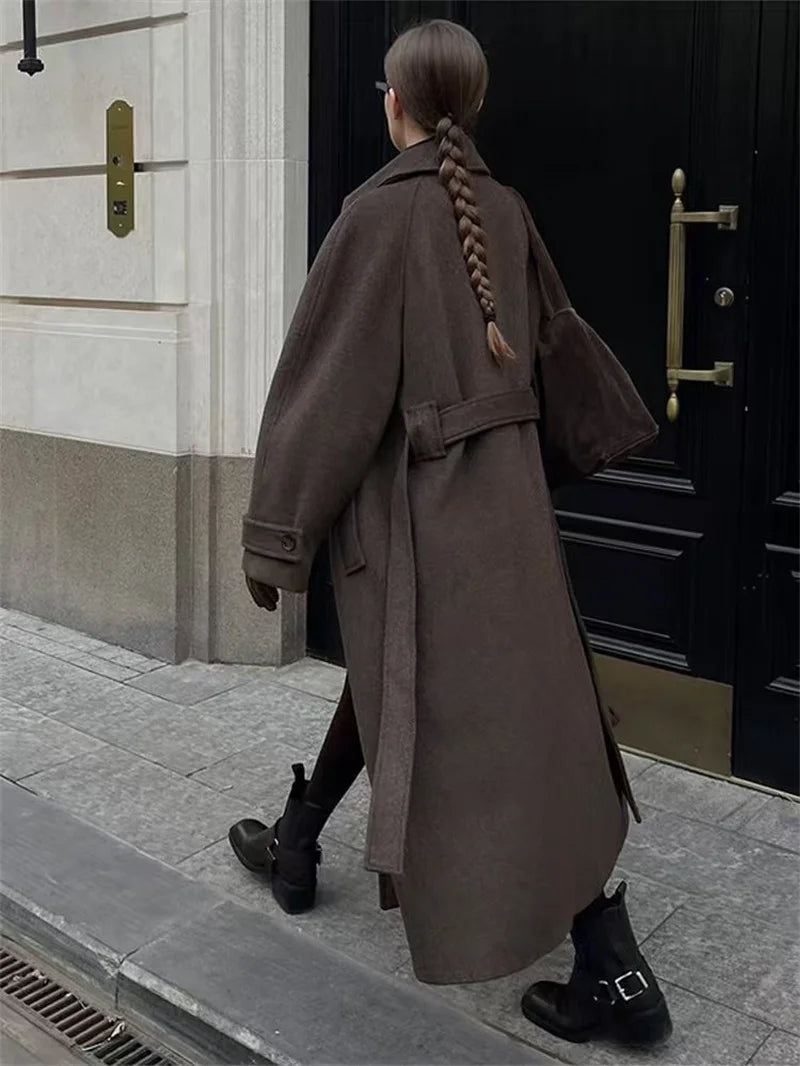 Women's Coat 2025 Winter New Style Dark Brown Long-Sleeve Belted Loose-Fit Long Woolen Coat Fashionable and Stylish