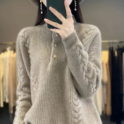 Cashmere Sweater Women's 2023 Autumn/Winter New Knitted Half High Collar Pullover 100% Wool Loose Korean Fashion Luxury Top