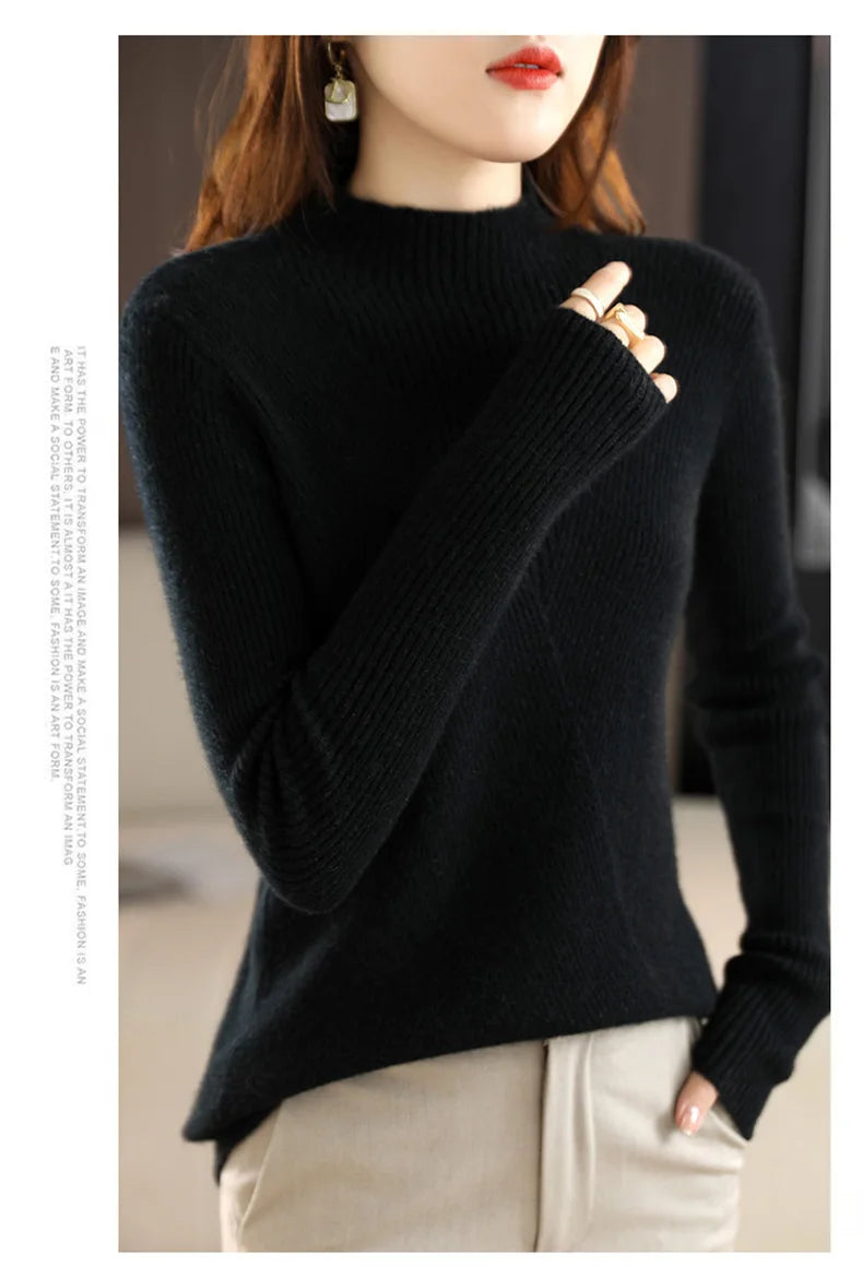 Cashmere Sweater Women Pure Color Half high collar Casual Long-sleeved Loose Pullover Cashmere Sweater Women's