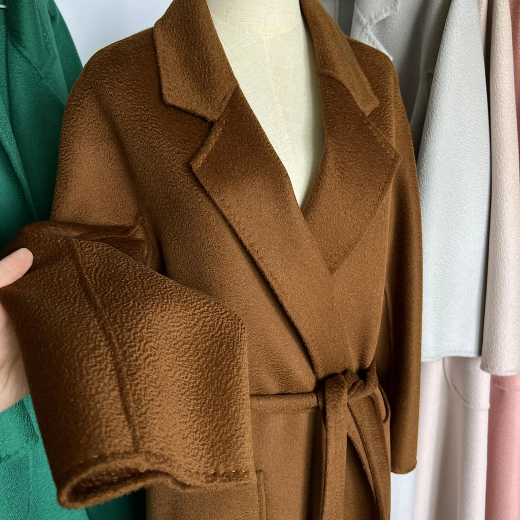 Cashmere Coat Female Winter Mid-Length Corrugated Coat Black Wool Coat Woman Autumn New Casual Fashion Red Beige Lace-Up Coat