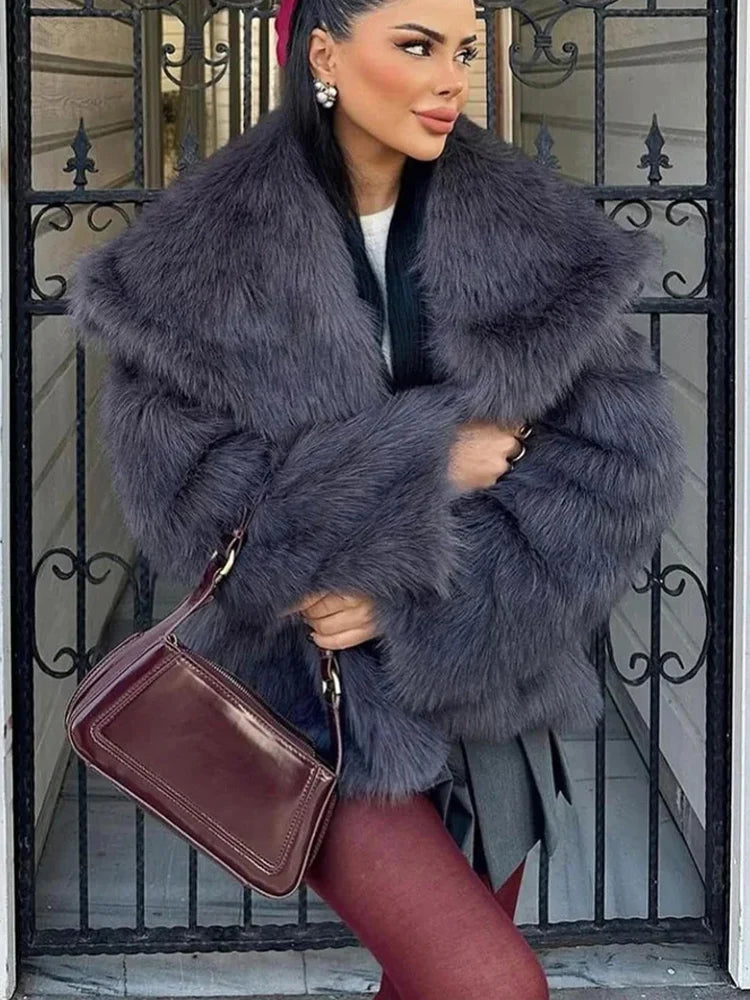 HH Winter Casual Women Solid Faux Fur Jackets 2024 Lapel Long Sleeve Patchwork Buttons Designer Coats Female Fashion Outwear