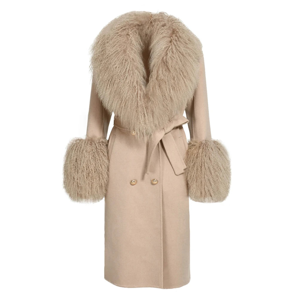 Women Cashmere Wool Coat With Real Mongolian Sheep Fur Collar  Ladies Autumn Winter Fashion Long Outwear Full Sleeve Fur Jacket