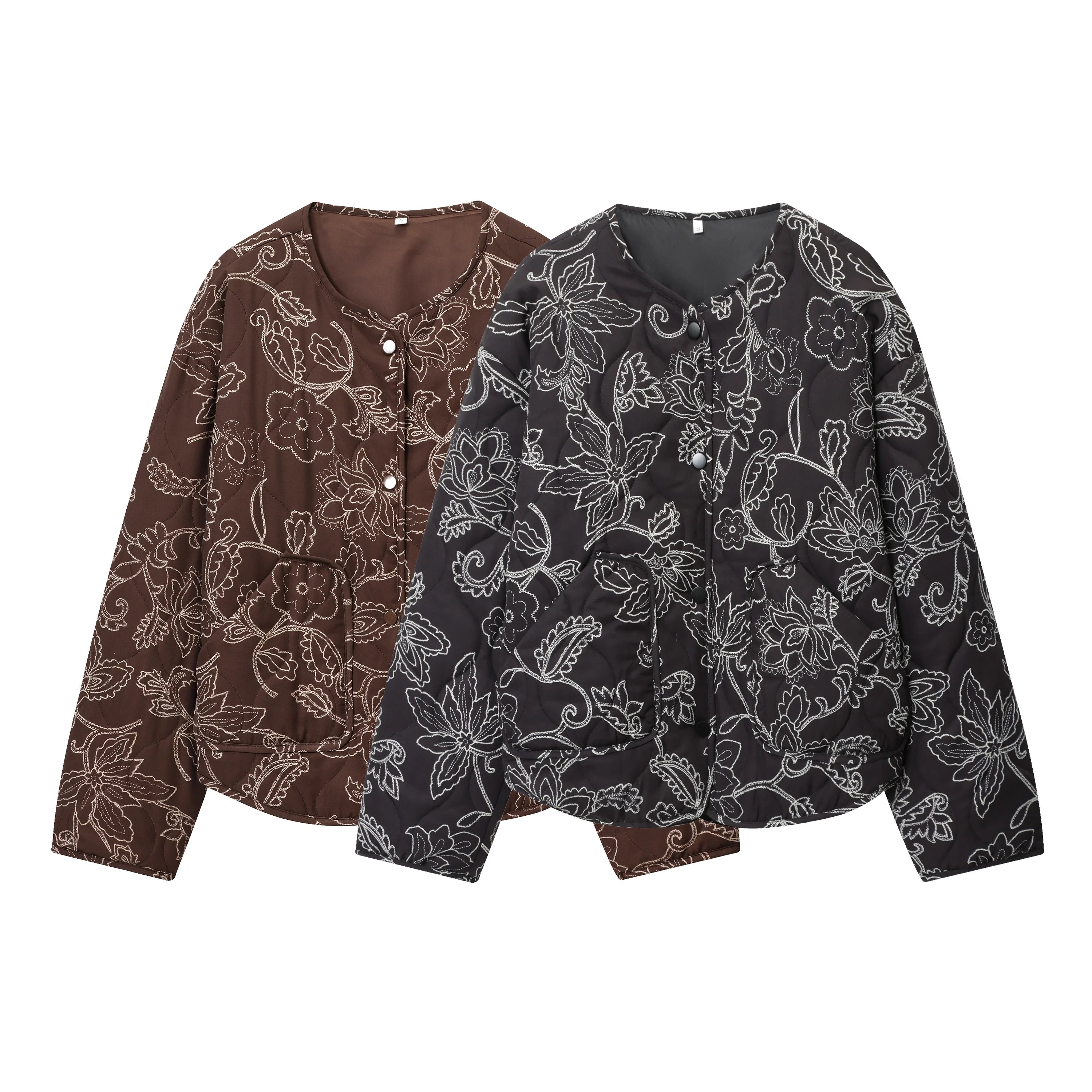 Women Short Jacket Coat O-Neck Long Sleeve Quilted Printed Autumn And Winter New Casual Vintage Style Button Outerwear Coat