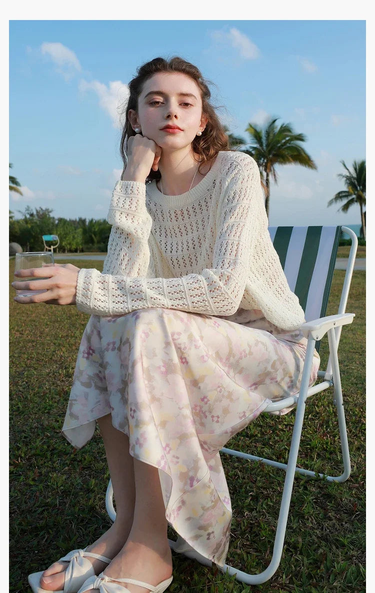 ITOOLIN Summer Women Long Sleeve Loose Casual Top Hollow Out Sexy Knit Shirt Beach Solid Y2k Pullovers Streetwear T-shirt 2024