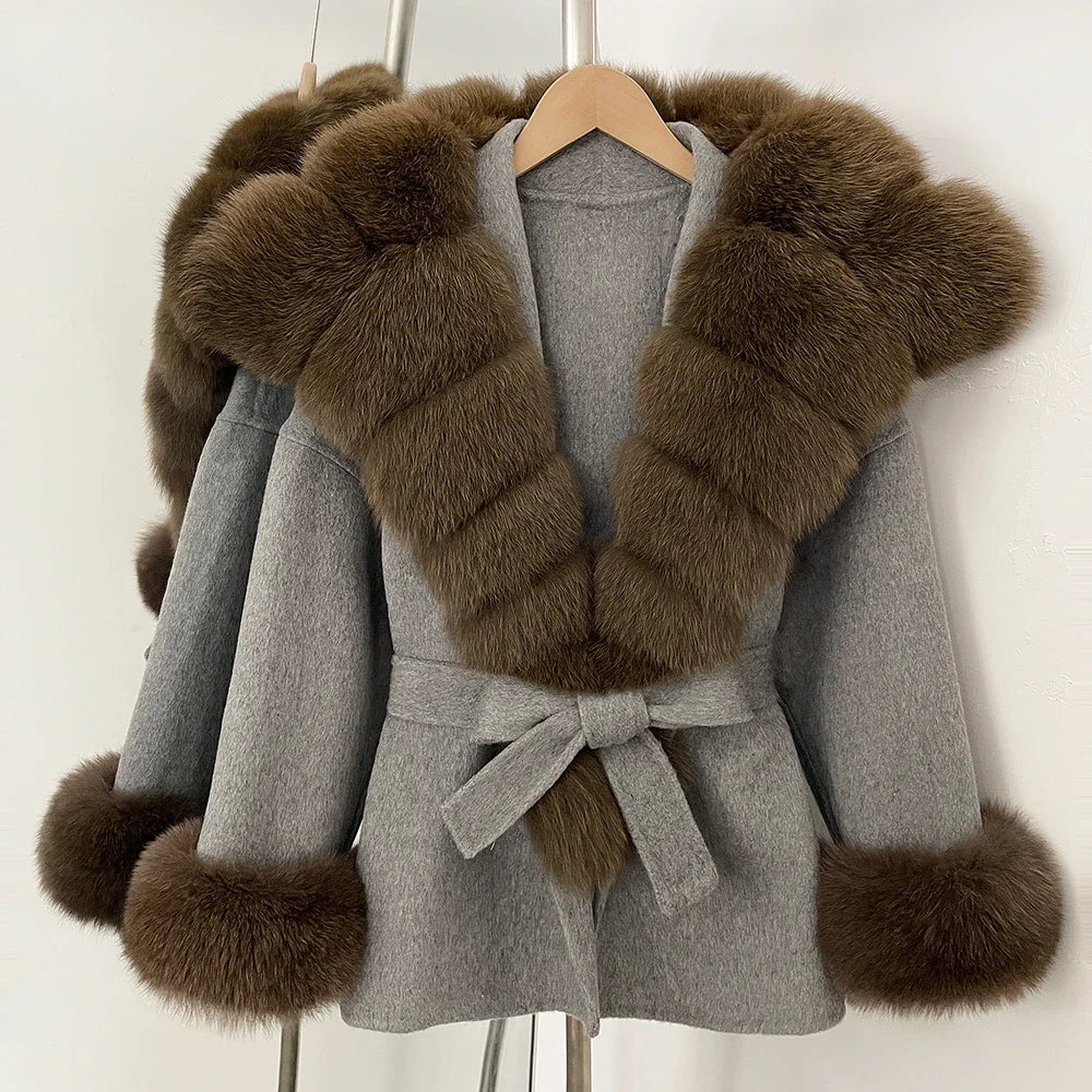 Wool Coat Women Woman New Fashion Winter Autumn Real Fur Jacket Luxury Real Fox Fur Coats Ladies Belt Design Woolen Outwear