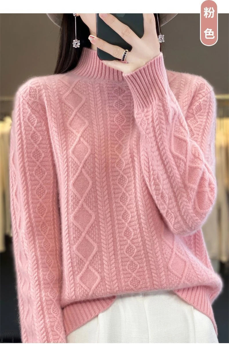 2024 New Women Autumn Winter Sweater Thick 100% Merino Wool Turtleneck Casual Cashmere Knitwaer Pullover Korean Fashion Tops