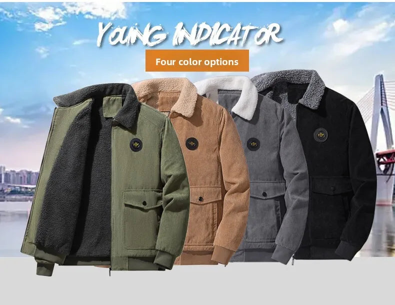 Corduroy lamb wool jacket men's winter loose fleece thickened casual lapel jacket men's clothes men jacket
