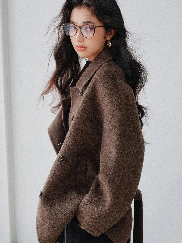 Women Elegant Wool-Like Winter Short Coat Brown Belted Jacket Warm Casual Outerwear for Lady with High Neck and Waist Tie Design