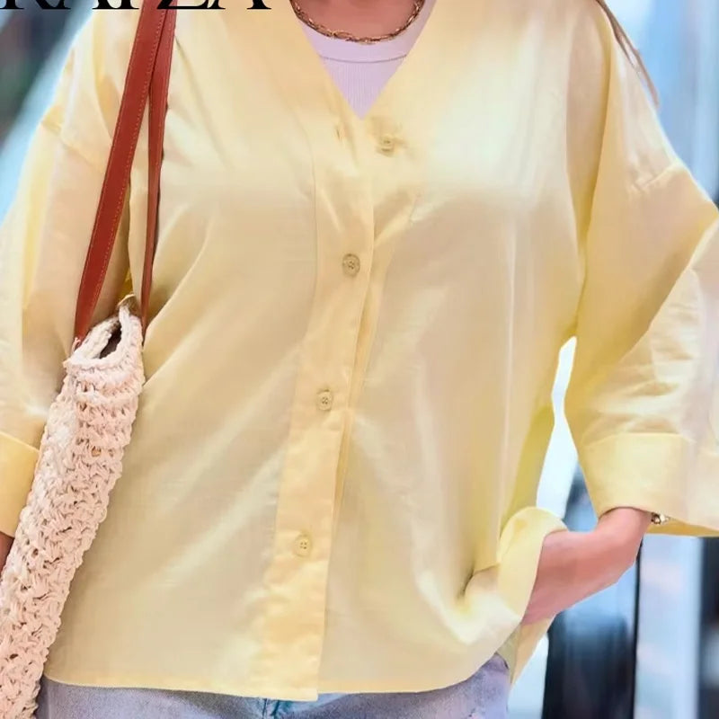 2025 Women Yellow Shirt Fashion Cotton Linen Wide-sleeved Short Shirt Single-breasted Casual Loose Blouse Mujer Roupas