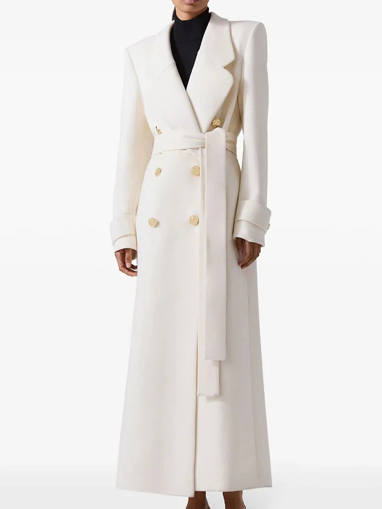 Winter Warm Women Woolen Coat Fashion White Turn-Down Collar Long Wool Coat With Belt