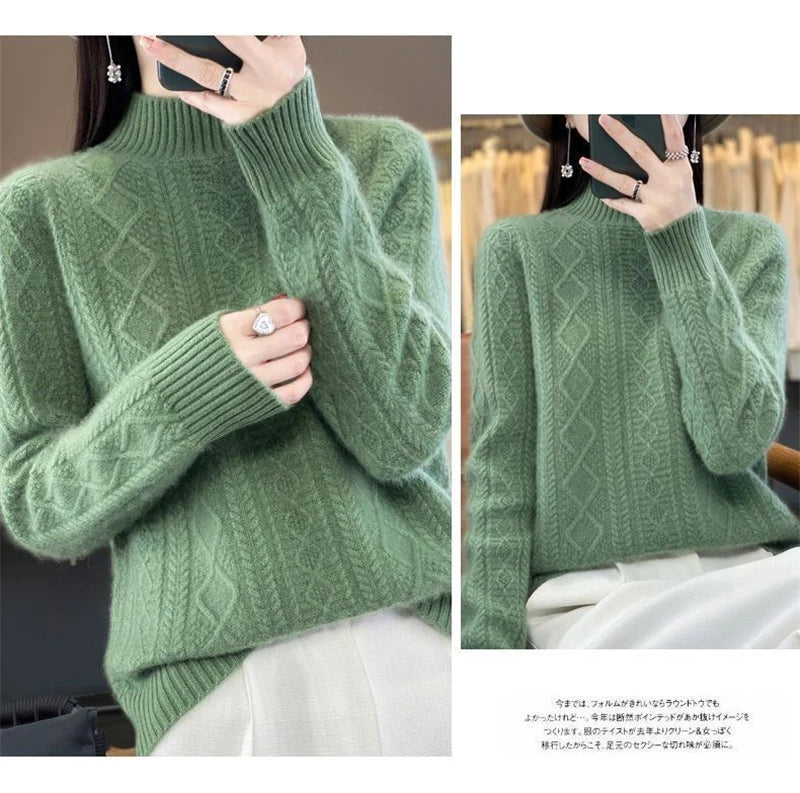 2024 New Women Autumn Winter Sweater Thick 100% Merino Wool Turtleneck Casual Cashmere Knitwaer Pullover Korean Fashion Tops