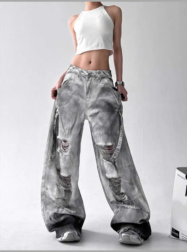 Women Jeans Pants American High Street Ripped Straight Wide-Leg Jeans For Women Design Tie-Dye Jazz Dance Cargo Full Thin Jeans