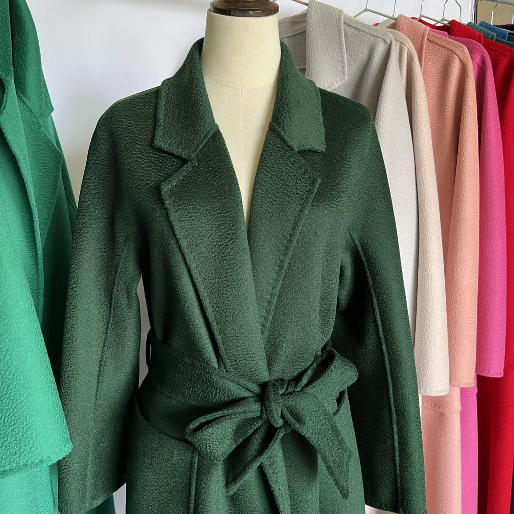 Cashmere Coat Female Winter Mid-Length Corrugated Coat Black Wool Coat Woman Autumn New Casual Fashion Red Beige Lace-Up Coat