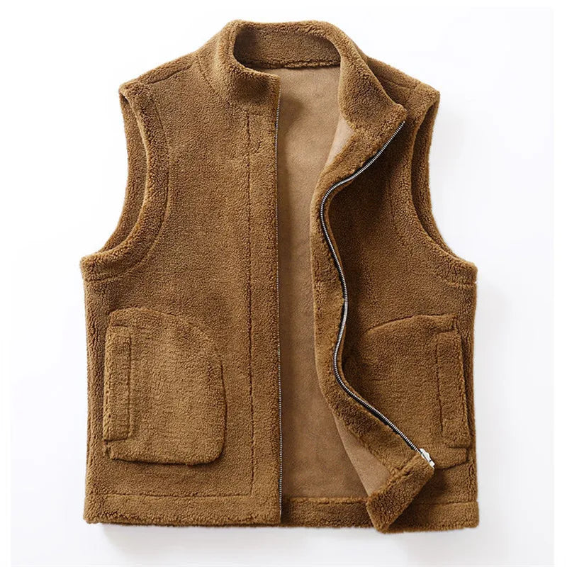 Winter Lamb Wool Vests Men Warm Coat Fashion Casual Thick Stand Collar Sleeveless Jacket Can Be Worn On Both Sides Waistcoat Man