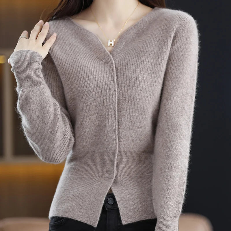 Cashmere Sweater Women's Cardigan Scissors Collar Hidden Buckle Pure Wool Sweater Autumn and Winter Coat Waist Slim Commute Top