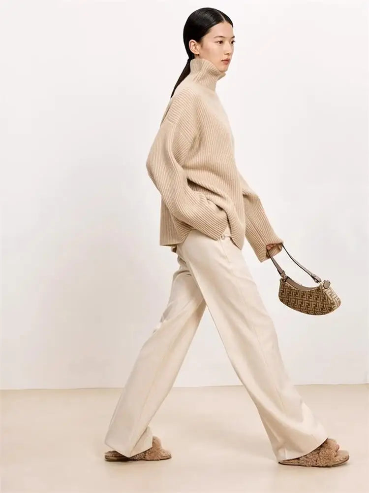 Women's High-Necked Cashmere Sweater Loose Padded Bottoming Pullover Autumn Winter Warm Lazy Wind Style 100% Pure Wool