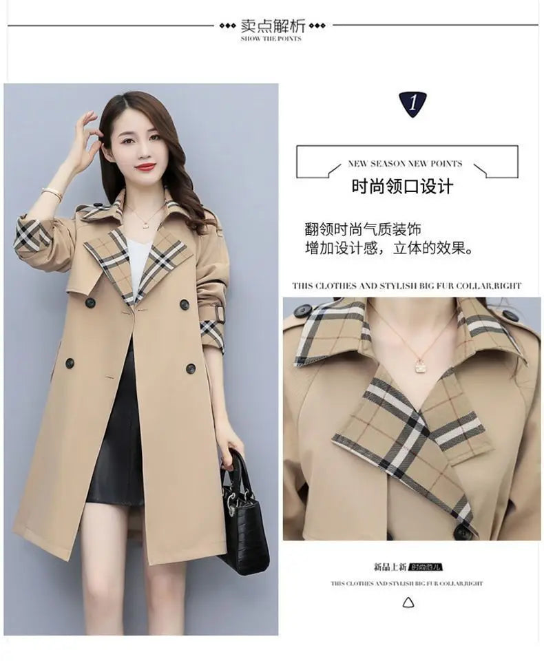 Women Trench Coat 2024 Spring New Style Lapel Collar Khaki Double Breasted Button Office Lady Windbreaker Coat