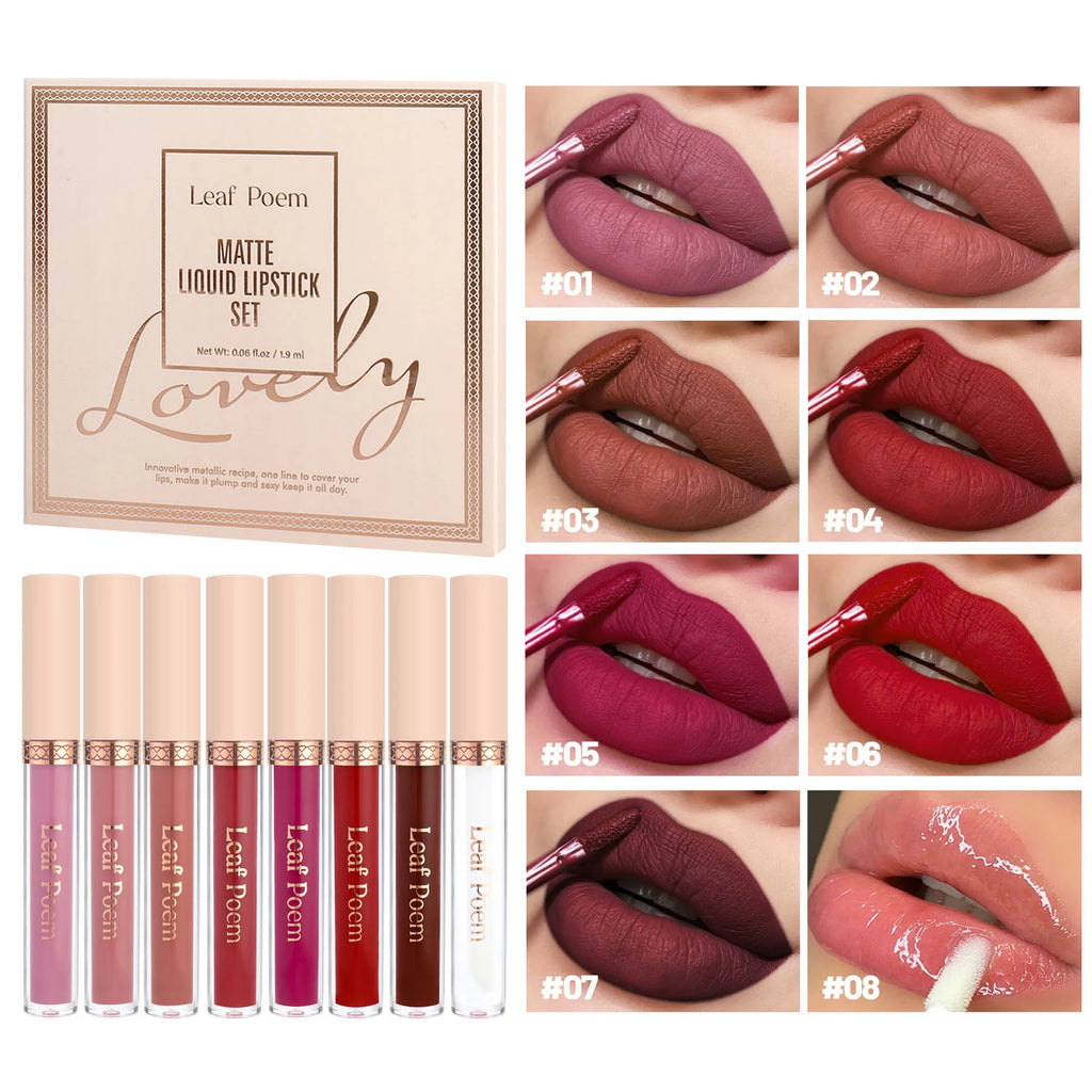 8 pcs matte liquid lipstick, lip glaze - waterproof, non-stick, long-lasting lip gloss, brown, pink, purple and red tones, suitable for Valentine's Day, daily, parties, travel