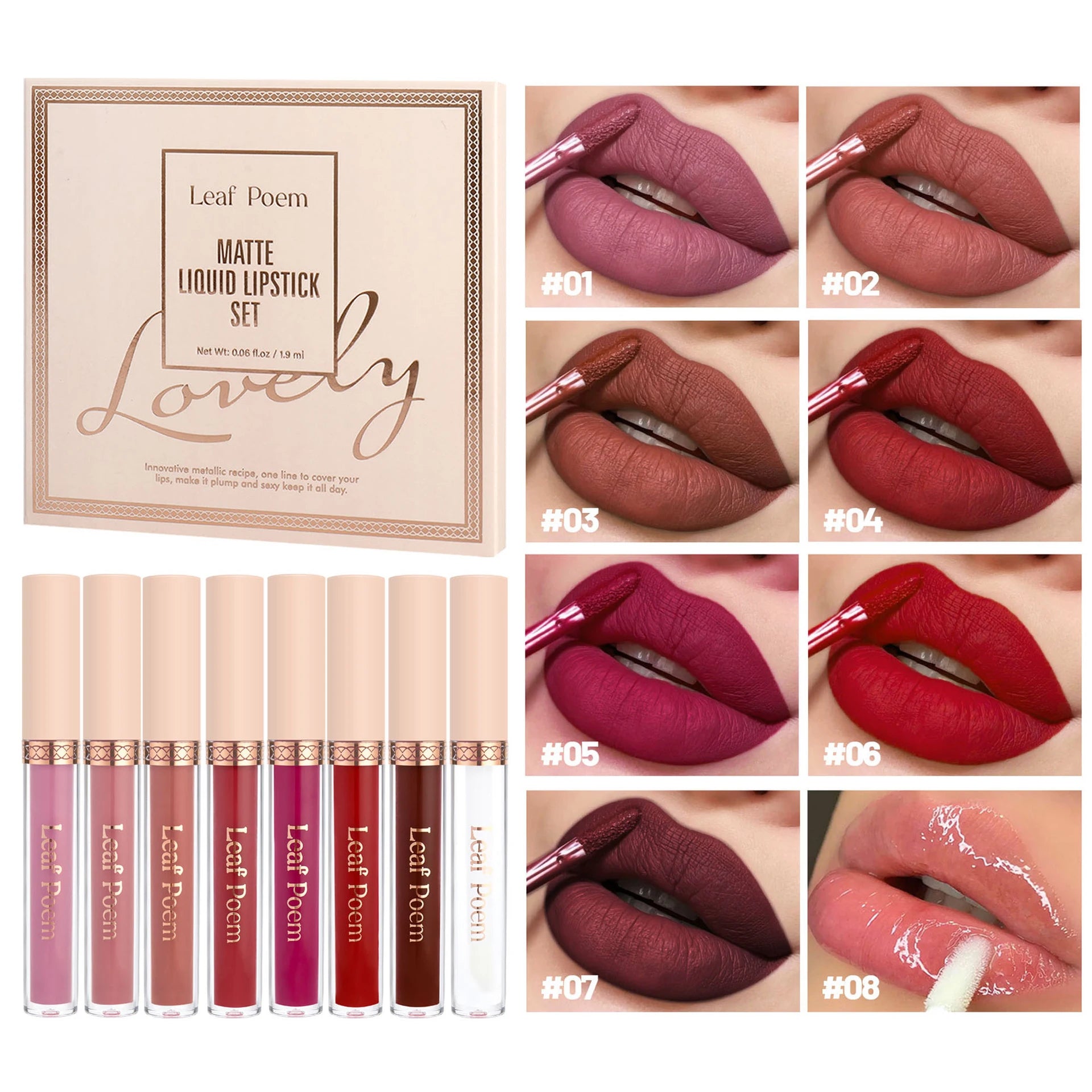 8 pcs matte liquid lipstick, lip glaze - waterproof, non-stick, long-lasting lip gloss, brown, pink, purple and red tones, suitable for Valentine's Day, daily, parties, travel