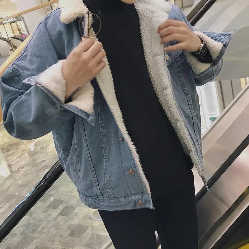 Winter Lamb Wool Denim Jacket for Men Korean Version Trendy Versatile Velvet and Thickened Cotton Men's Jacket Handsome Coat