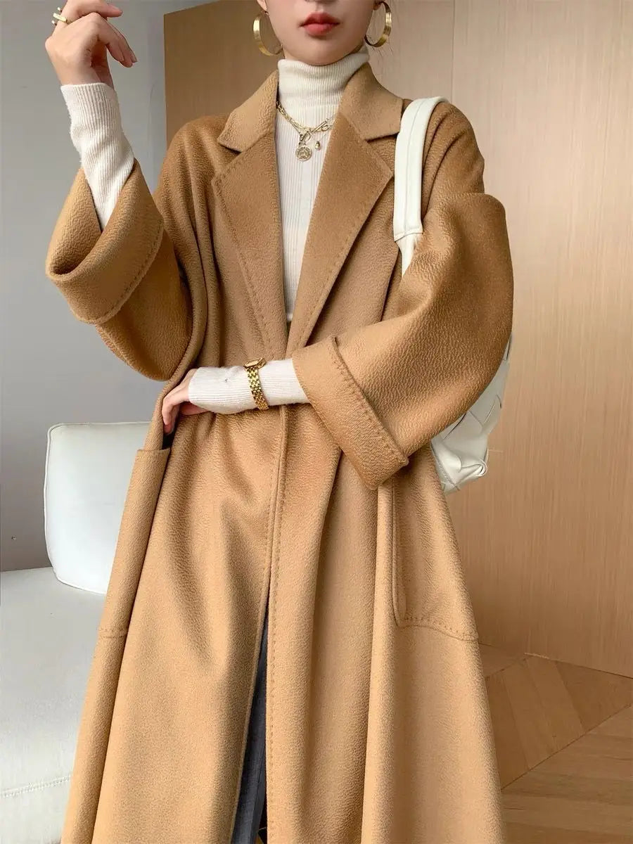 2023 New Reversible Cashmere Coat Women Long Below The Knee High-End Water Ripple Wool Coat Autumn Winter Loose Lace-up Outwear