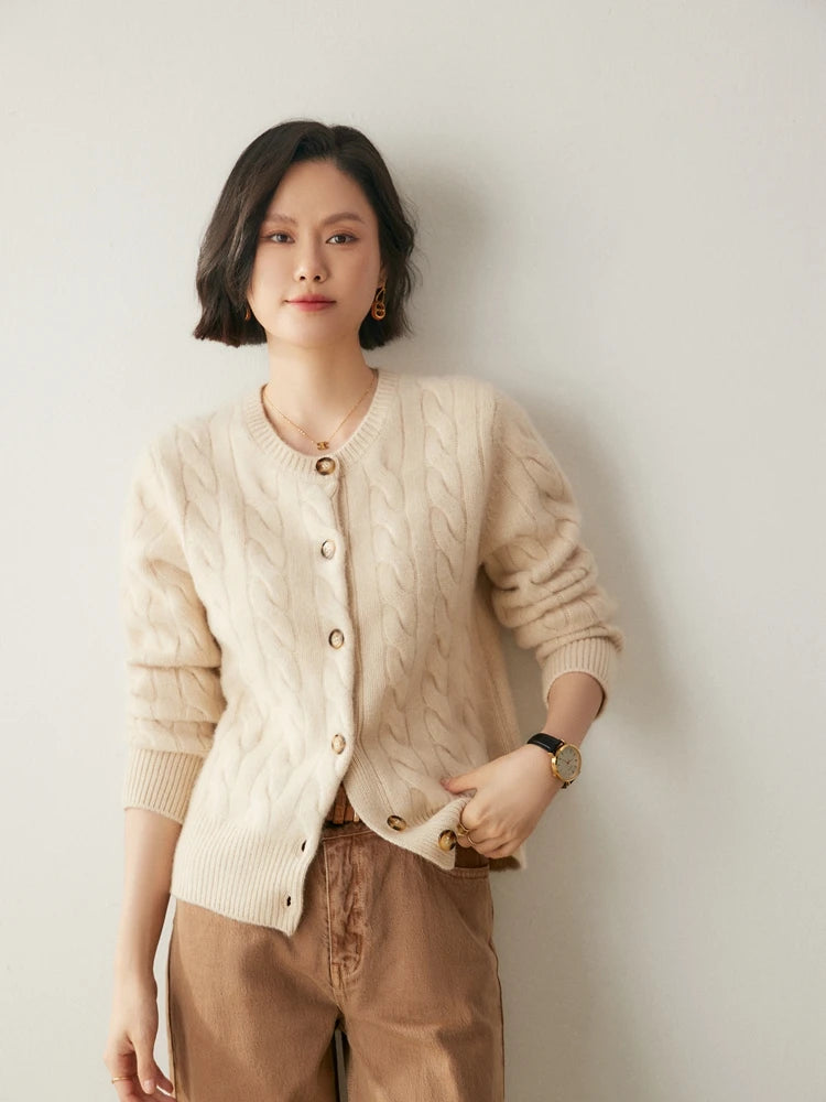 Luxury Women 100% Cashmere Sweater O-neck Cardigan Cable Knitting Thick Sweater Coat Autumn Winter Heavyweight Cashmere Clothes