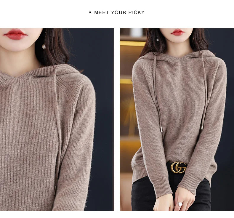 2023 New Cashmere hooded sweater Women Long Sleeve Autumn and Winter Knit hooded Pullover Solid Color Cashmere Base