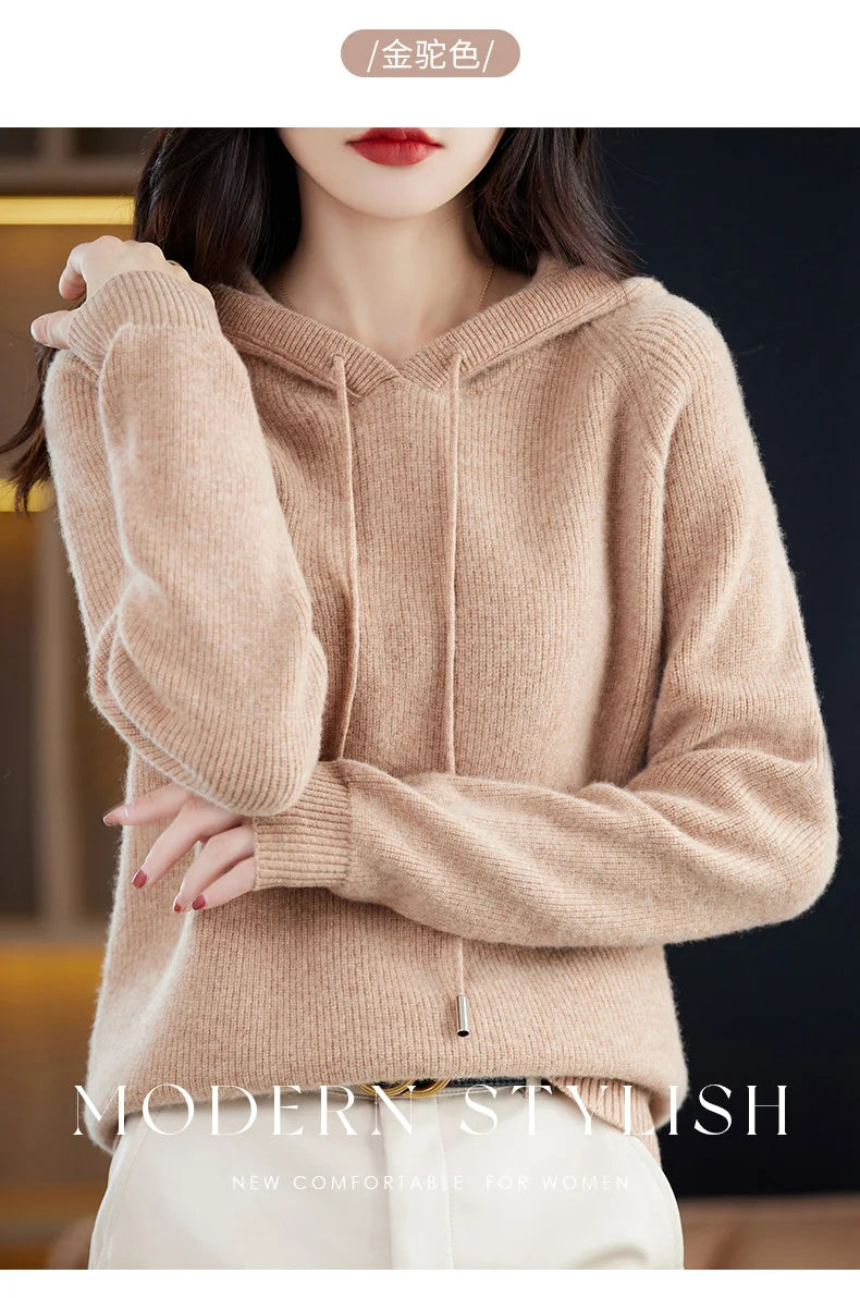 2023 New Cashmere hooded sweater Women Long Sleeve Autumn and Winter Knit hooded Pullover Solid Color Cashmere Base