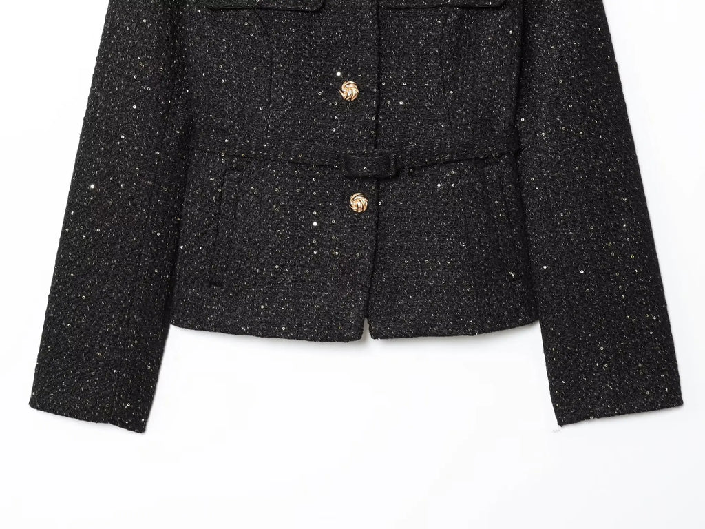 BSAY tweed jacket with belt women's clothing autumn winter new Round long sleeved button up outerwear chic France short coats