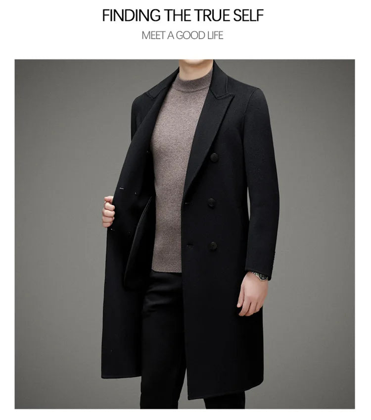 High-end Men's Double-breasted Wool Coat Fashionable Long Wool Knee-length Casual Suit Jacket for Men Peak Lapel Customized Coat