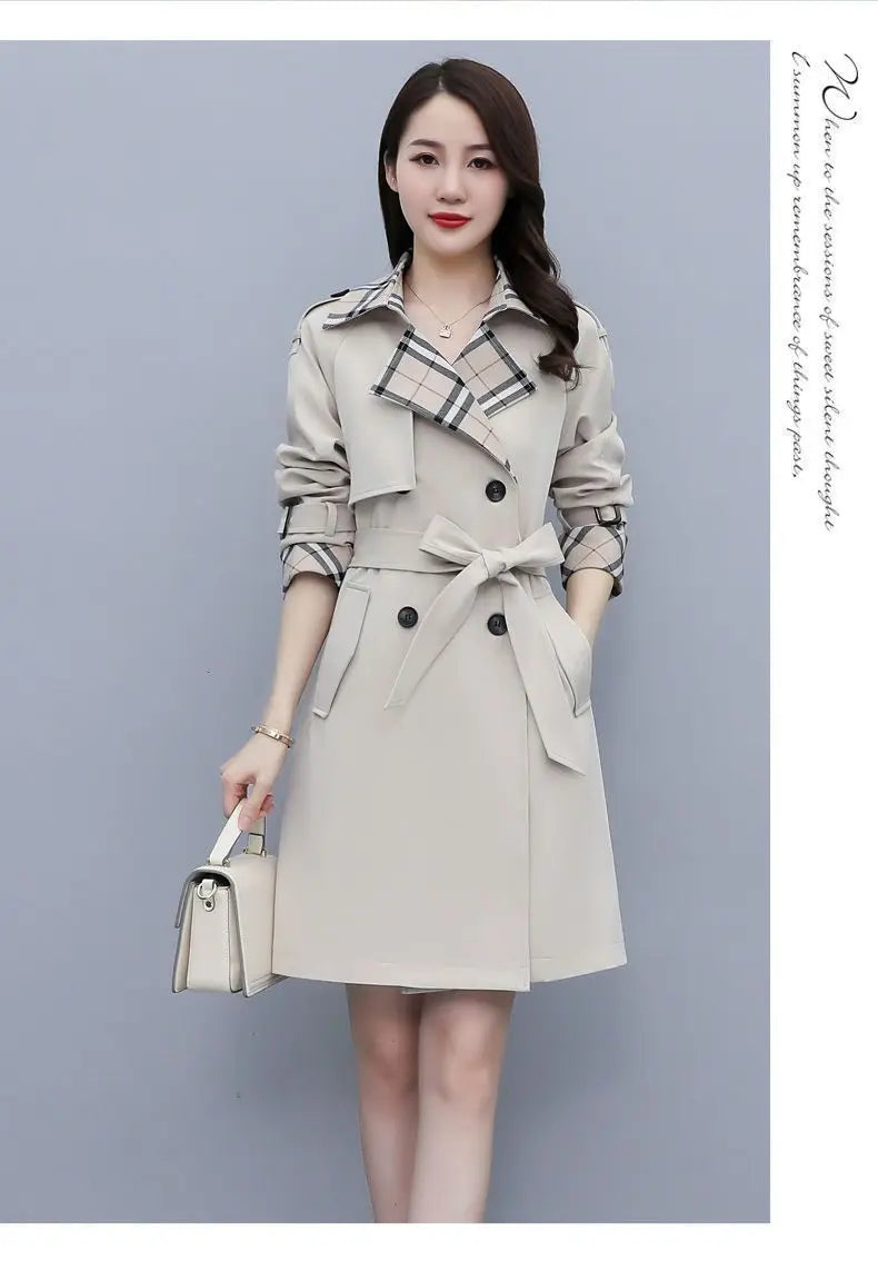 Women Trench Coat 2024 Spring New Style Lapel Collar Khaki Double Breasted Button Office Lady Windbreaker Coat