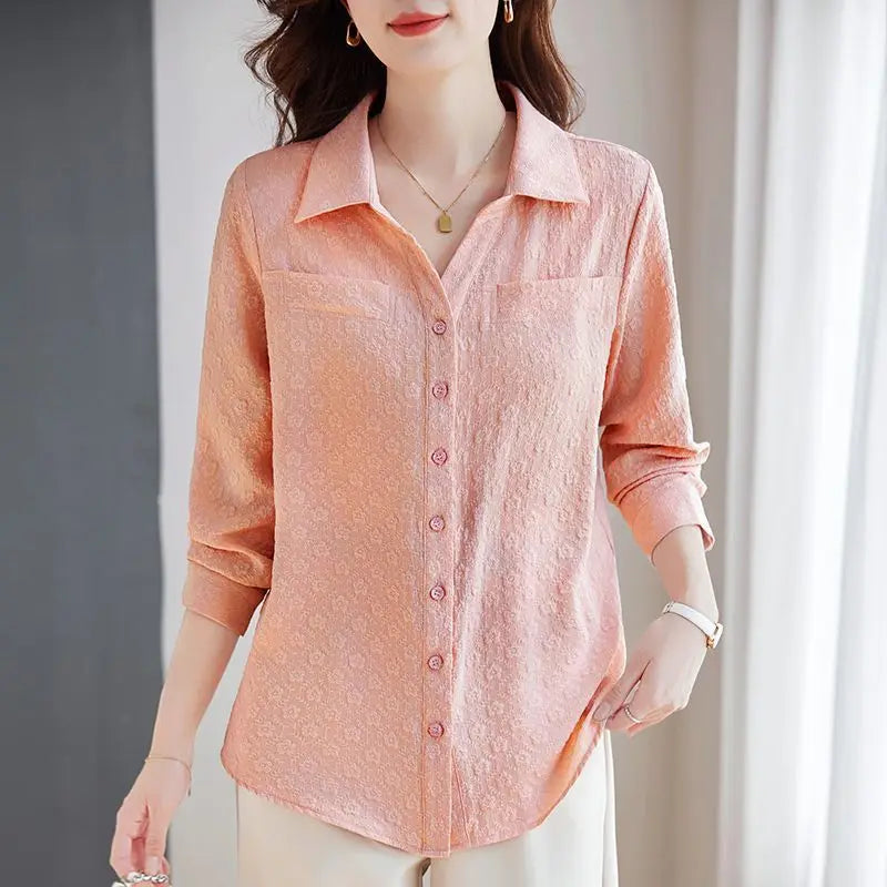 Long-sleeved Shirt for Women Autumn New Fashion Casual Versatile Jacket Fashionable Jacquard Lapel Belly-reducing Top Trendy