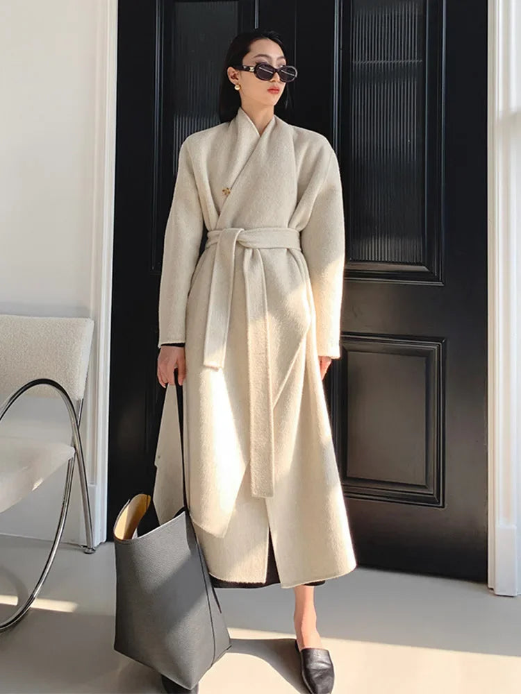 New Hand-sewn Cashmere Wool Coat Women New Mid-length Big Scarf Collar Loose Lace-up Warm Double-sided Wool Coat Fashion Winter