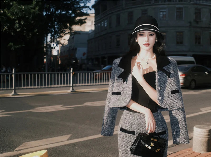 Winter Outfit Women 2024 New Elegant Lady Thickened 2 Pieces Sets Women Sweet Fashion Short Coat High Waist Long Skirt Suits