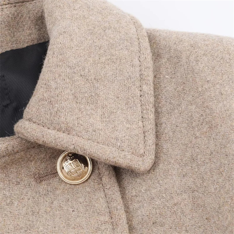 Women's Wool Coat Solid Color Lapel Short Double-Breasted Coat  Autumn and Winter Casual Simple Clothing