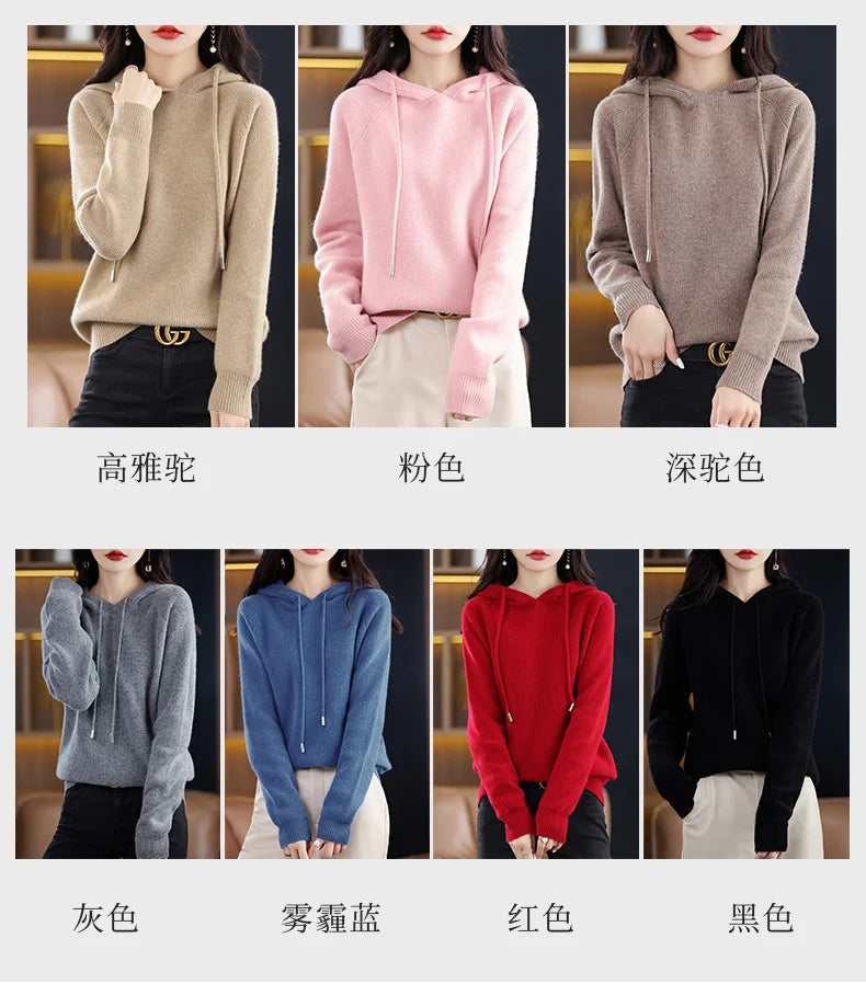 2023 New Cashmere hooded sweater Women Long Sleeve Autumn and Winter Knit hooded Pullover Solid Color Cashmere Base