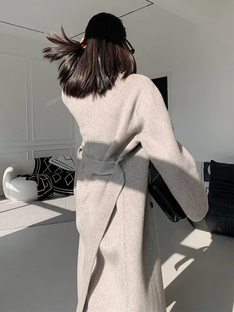 New Hand-sewn Cashmere Wool Coat Women New Mid-length Big Scarf Collar Loose Lace-up Warm Double-sided Wool Coat Fashion Winter