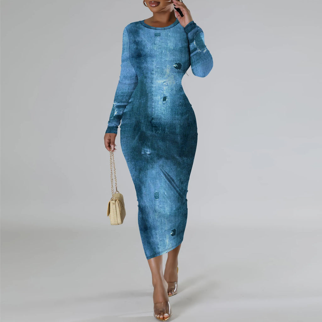 European and American women's fashion temperament casual print slim black dress