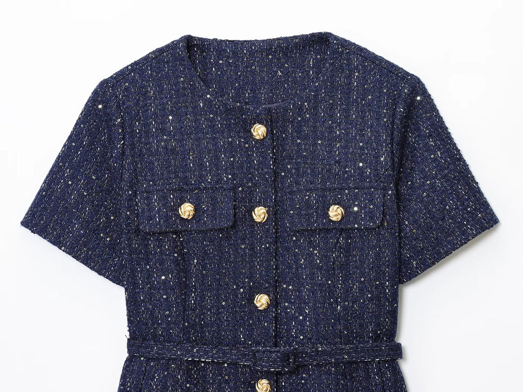 2025 Autumn New Women's Fashion Chic with Belt, Gold Button Decoration Round Neck Short Sleeve Blended Coat